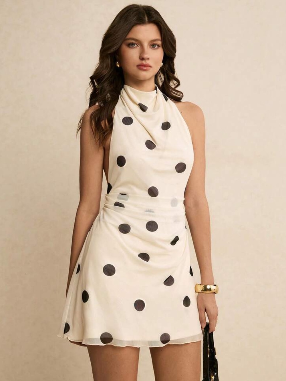 Polka Dot Halter Mini Dress in Cream and Black